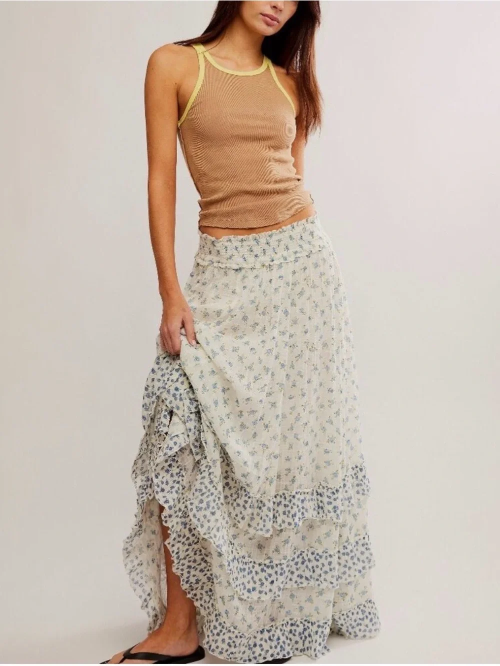 Free People Brynn Printed Ruffle Maxi Skirt | Ditsy Ivory Combo